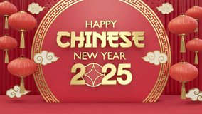 Festive 3D design featuring red Chinese lanterns, decorative clouds, and golden 'Happy Chinese New Year 2025' text on a vibrant red backdrop. Perfect for New Year greetings and celebratory designs. - Powered by Shutterstock - Get 15% off with code: PIKWIZARD15