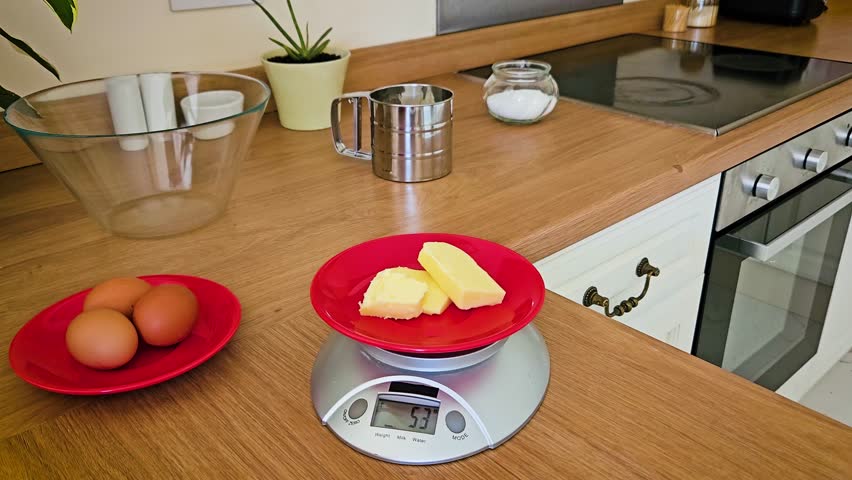 Weighing Butter on Kitchen Scale in Cozy Home Kitchen While Preparing Ingredients for Baking. Digital kitchen scale, essential for precise baking and cooking in modern kitchen. Accessories and