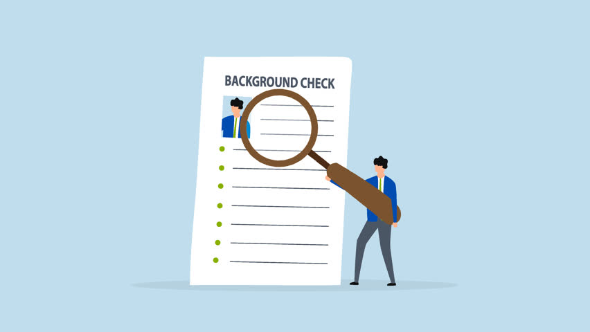 Background check for employment, 4k animation of Investigator using a magnifying glass examining the candidate document. 