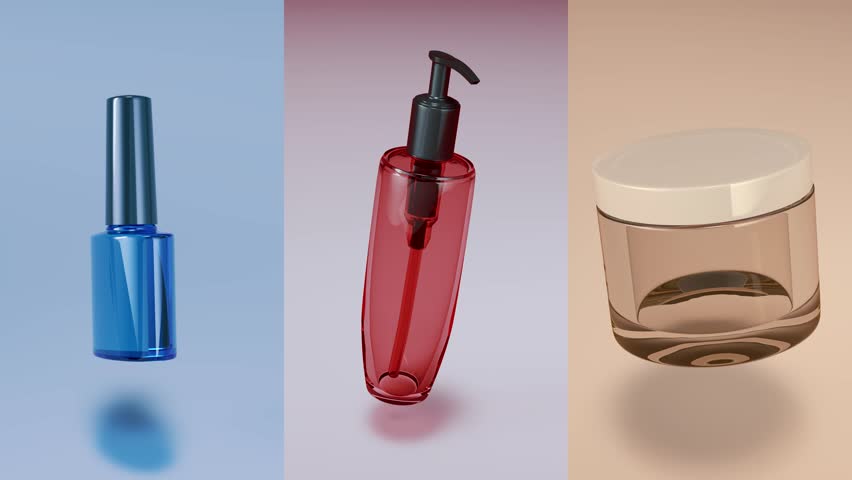 Collage of glass cosmetic packaging. Footage featuring samples of a package of women's cosmetics. 3D rendering. Seamless loop.