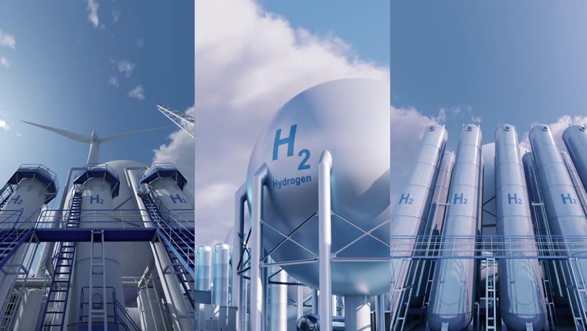 Collage of Hydrogen storage tanks (H2). Footage featuring facility hydrogen production and storage. Clean and eco-friendly hydrogen energy. 3D rendering.