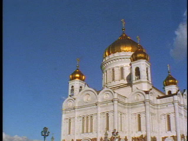Moscow, Russia, The Church of Our Savior, five large gold domes, pan right