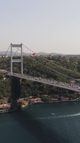 Aerial view of bosphorus bridge in Istanbul, the view of the houses on the shore under the bridge built into the sea