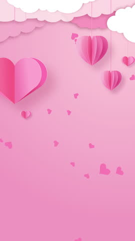 Decoration with floating paper hearts and clouds on pink background. Empty space for text. Romantic love animation. Loop video. Vertical video.