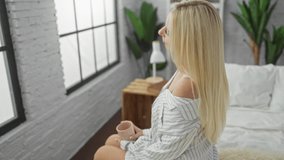 Woman drinking coffee in a cozy bedroom setting, sitting on a bed with a white brick wall and plants in the background. - Powered by Shutterstock - Get 15% off with code: PIKWIZARD15