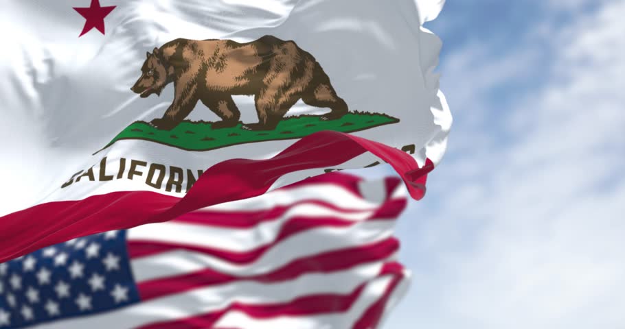 California state flag and the American flag waving in the wind, featuring a brown bear and the words California Republic. Seamless 3d render animation. Slow motion loop. Selective focus.