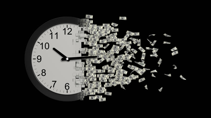 Time is money. Watches crumble into dollar bills. 3D animation  
