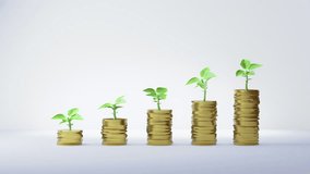 Small green plants sprouting from ascending stacks of gold coins, symbolizing financial growth, investment progression, and sustainability. - Powered by Shutterstock - Get 15% off with code: PIKWIZARD15
