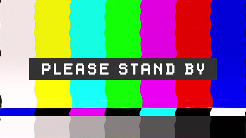 A retro-style test pattern image features vertical color bars with a black bar containing the text "PLEASE STAND BY". It conveys a vintage television broadcast malfunction aesthetic