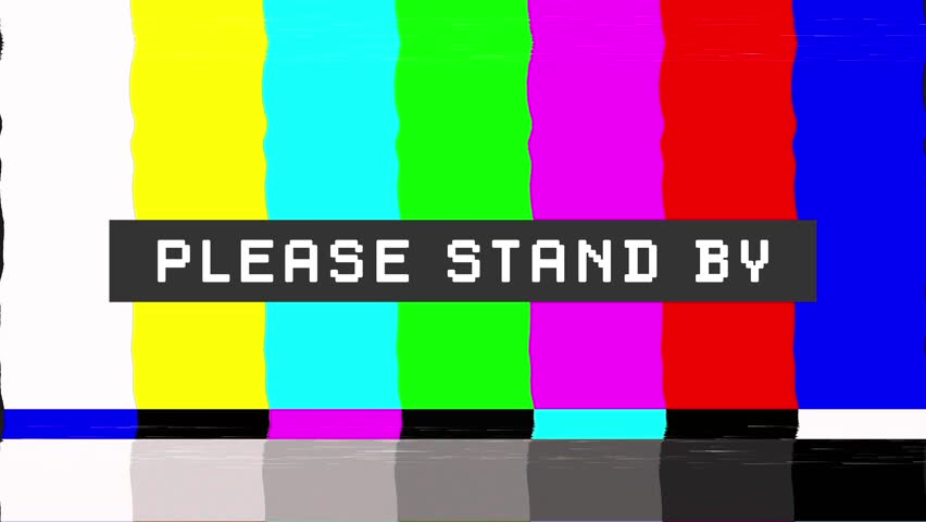 A retro-style test pattern image features vertical color bars with a black bar containing the text "PLEASE STAND BY". It conveys a vintage television broadcast malfunction aesthetic