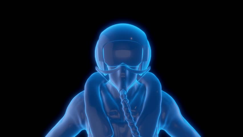 Holographic animation of a pilot on a black screen background.