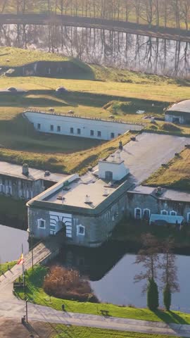 fort liezele military fortifications detail surrounded by water puurs belgium scenic historical significance close up circling aerial drone shot view close-up visual delight