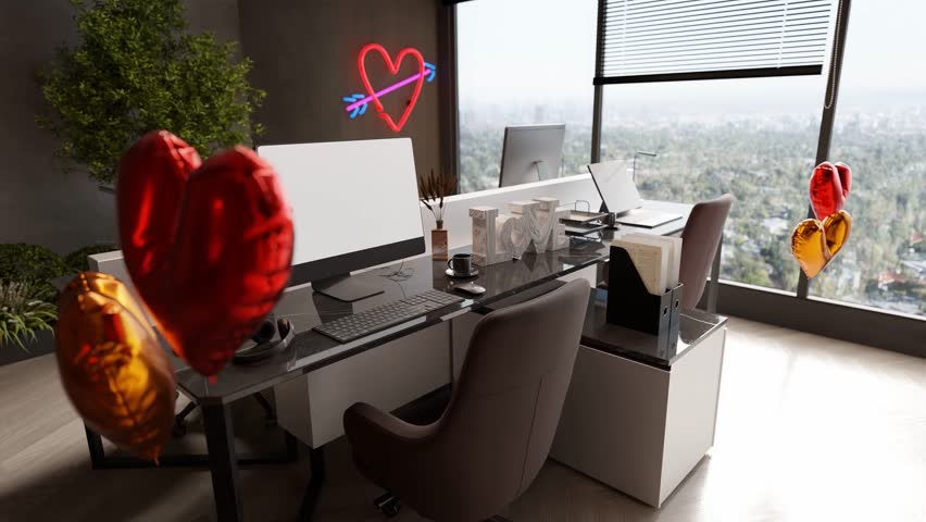 Modern office desk setup with blank computer screen and Valentine's Day decorations. Neon heart with arrow and metallic balloons in background. Workspace design concept for love-themed projects