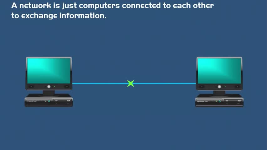 Basic computer network connection diagram. Illustration showing two computers connected to form a simple network, demonstrating the concept of information exchange.
