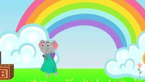 Colorful cartoon train with an elephant driver under a rainbow in a grassy field with toys. Kids' illustration concept - Powered by Shutterstock - Get 15% off with code: PIKWIZARD15