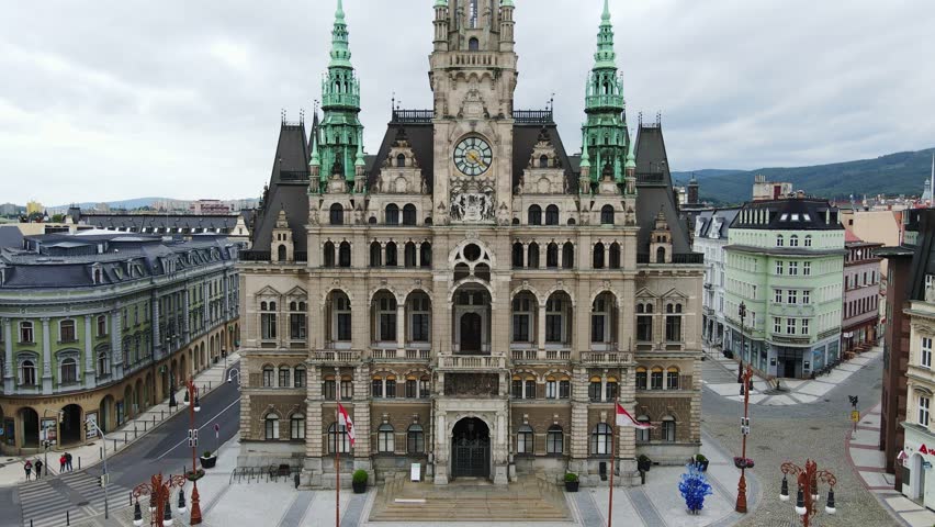 Aerial vertical drone slowly rising, historic Liberec Town Hall, Czech Republic