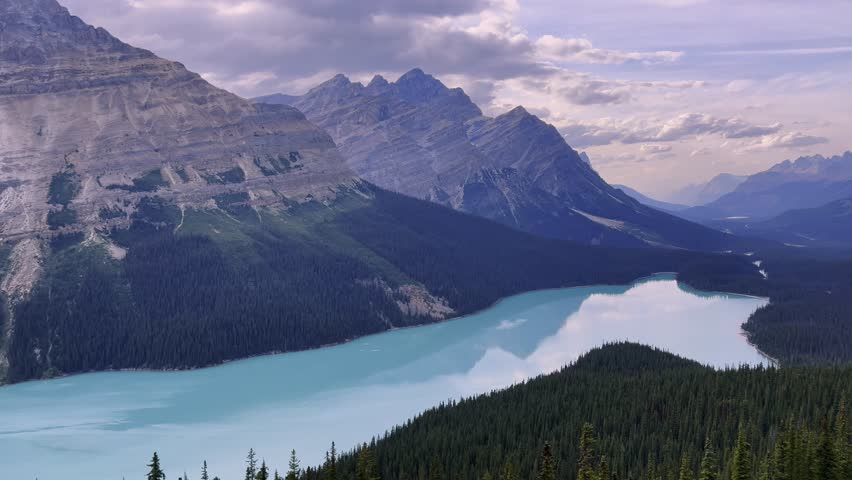 Aerial perspective of Peyto Lake and cloudy sky with vibrant turquoise waters nestled among forested mountains in Banff National Park, Canada, panning view