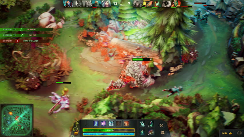 Animation of the fake competitive esports MOBA RPG video game. Animation of the fake RPG computer game. Animation of the player character killing the enemies in the fake action game.