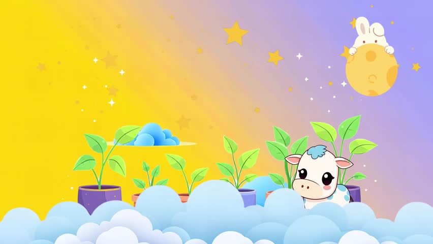 Cute cow and bunny under moon background animation