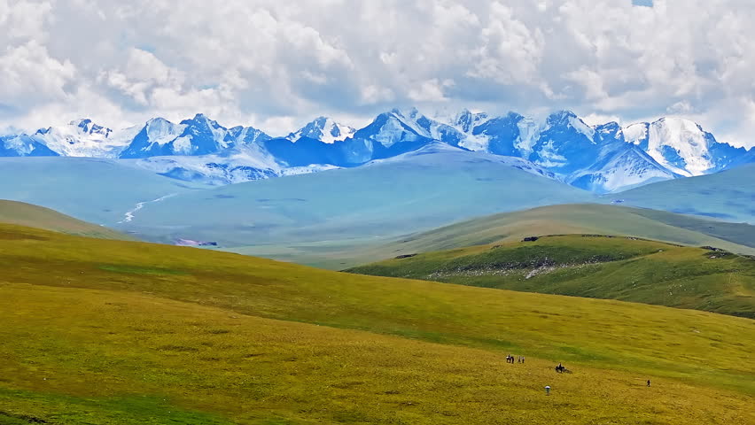 A vast grassland landscape with snow mountains under cloudy sky