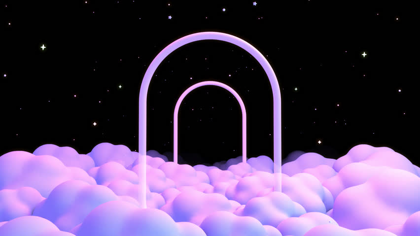 Looped 3D passing through gateway on clouds at night animation.