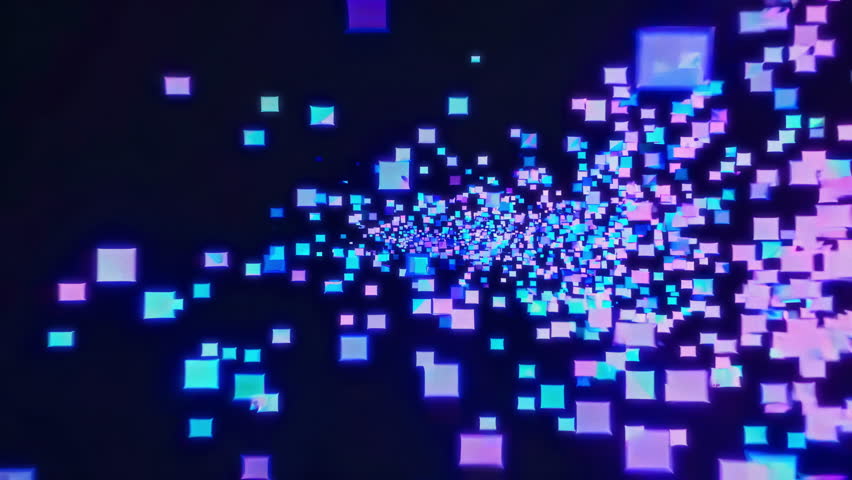 An abstract digital image featuring pixels that radiate vibrant shades of blue and purple on a dark background. 3D Illustration