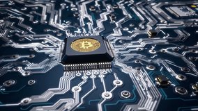 A detailed microchip design that prominently features Bitcoin displayed on a meticulously crafted printed circuit board. 3D Illustration - Powered by Shutterstock - Get 15% off with code: PIKWIZARD15