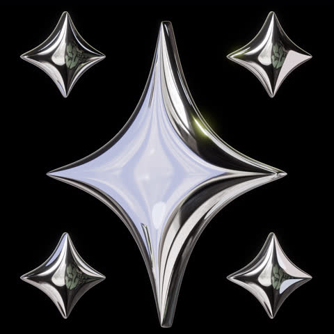 Chrome Y2K Stars with Vertical Rotation, 3D Animation with Alpha Channel