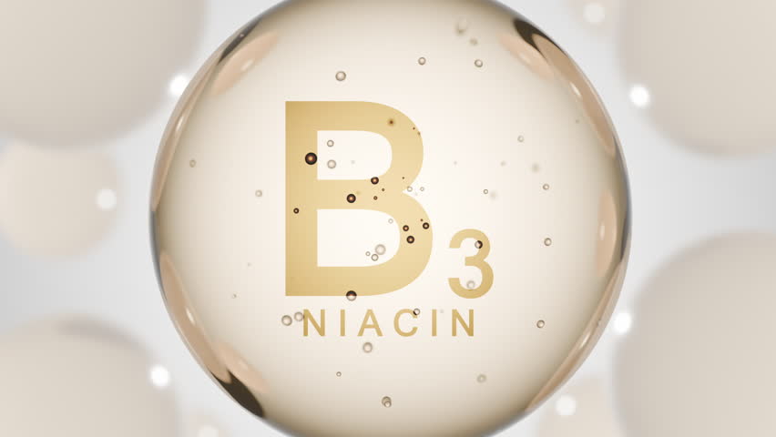 Vitamin B3 niacinamide. Niacin drop pill capsule. B 3 Nicotinamide bubble abstract 3D background