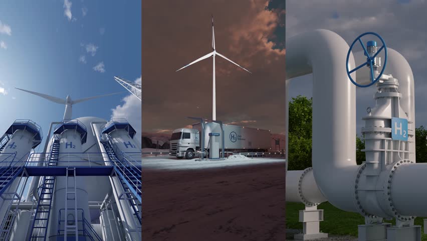 Multi screen video of objects of hydrogen energy. Footage featuring facility hydrogen production, hydrogen gas station and h2 pipeline. Concept of eco-friendly energy. 3d rendering.