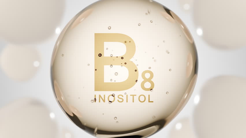 A golden glossy sphere with vitamin B8. Inositol pill capsule. Abstract 3D bubble drop background