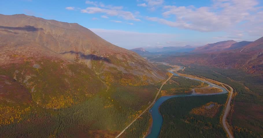Denali National Park, Nenana River and Alaska Route 3 aka George Parks Highway aerial view in fall, at the outside boundary of Denali National Park, Alaska AK, USA.