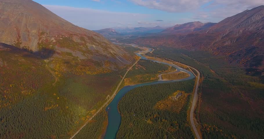 Denali National Park, Nenana River and Alaska Route 3 aka George Parks Highway aerial view in fall, at the outside boundary of Denali National Park, Alaska AK, USA.