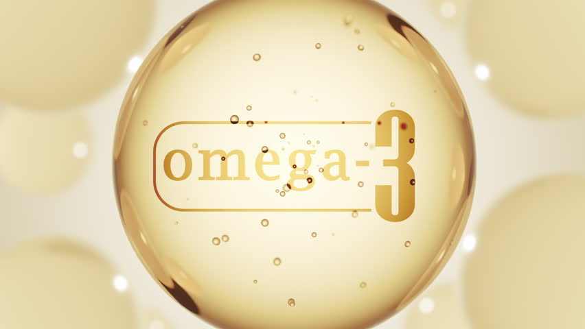 A golden glossy sphere with omega-3. Omega 3 pill capsule. Abstract 3D bubble drop background