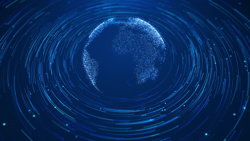 3D Futuristic rotating world globe in particles or small dots. Modern technology background for broadcast. Virtual digital planet Earth Global network connection breaking news report Studio Animation