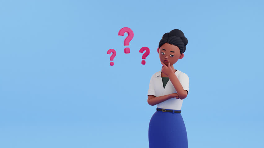 Woman character thinking, 3d render animation. Shrugs her shoulders. uncertainty, question, no solution concept. hopelessness, despair. puzzled, confused person motion design. Red question marks