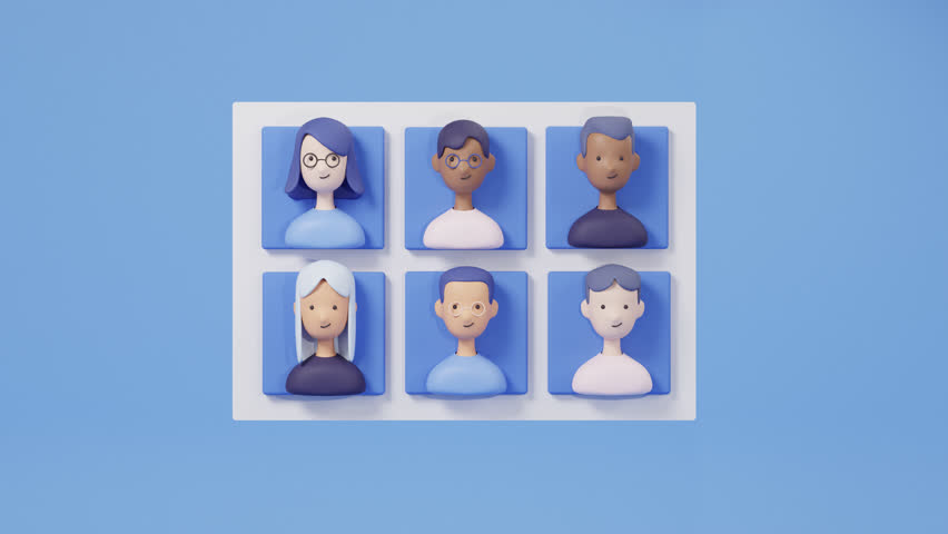 Abstract avatars of people and a hand with magnifying glass. 3d render animation. Recruitment, human resources, talent acquisition, or hiring concept. searching and selecting candidates for the job