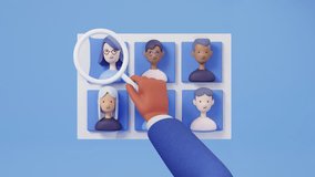Abstract avatars of people and a hand with magnifying glass. 3d render animation. Recruitment, human resources, talent acquisition, or hiring concept. searching and selecting candidates for the job - Powered by Shutterstock - Get 15% off with code: PIKWIZARD15