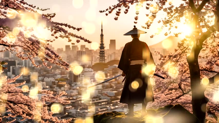 Silhouette of samurai with katana under cherry blossoms overlooking cityscape at sunset. Cultural heritage concept