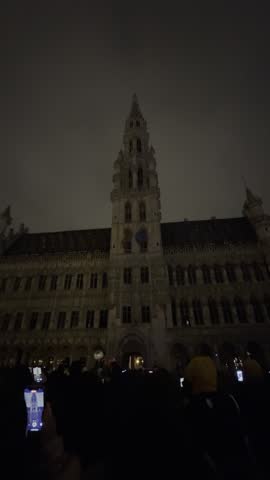 Brussels town hall light show transforming colors at night