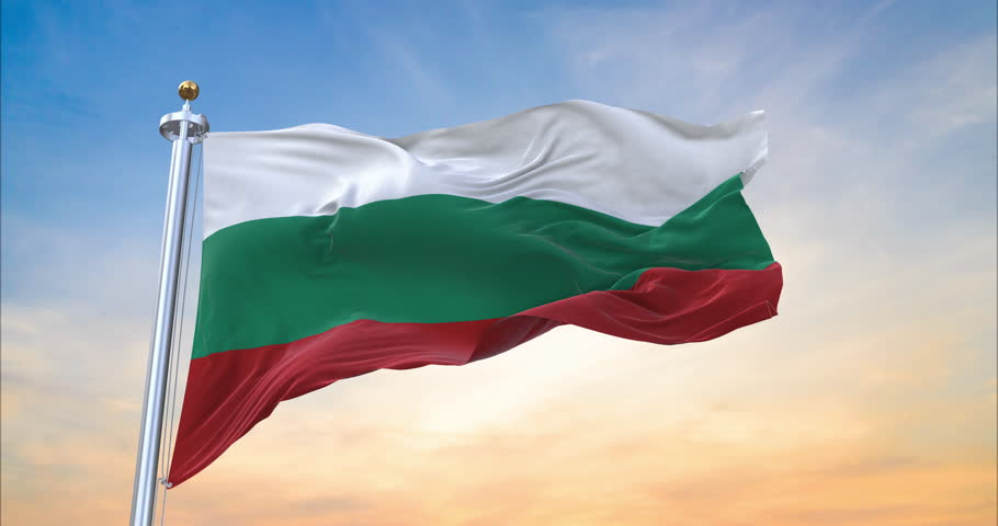 Flag of Bulgaria realistic waving in the wind with sundown background (Perfect Loop)