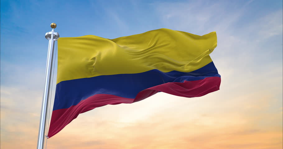 Flag of Colombia realistic waving in the wind with sundown background (Perfect Loop)