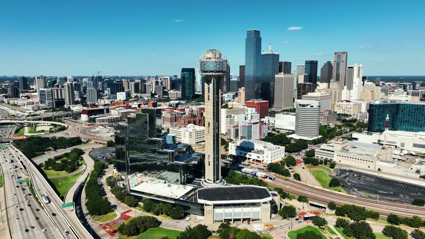 Cinematic view of sunny Downtown Dallas Skyline.
