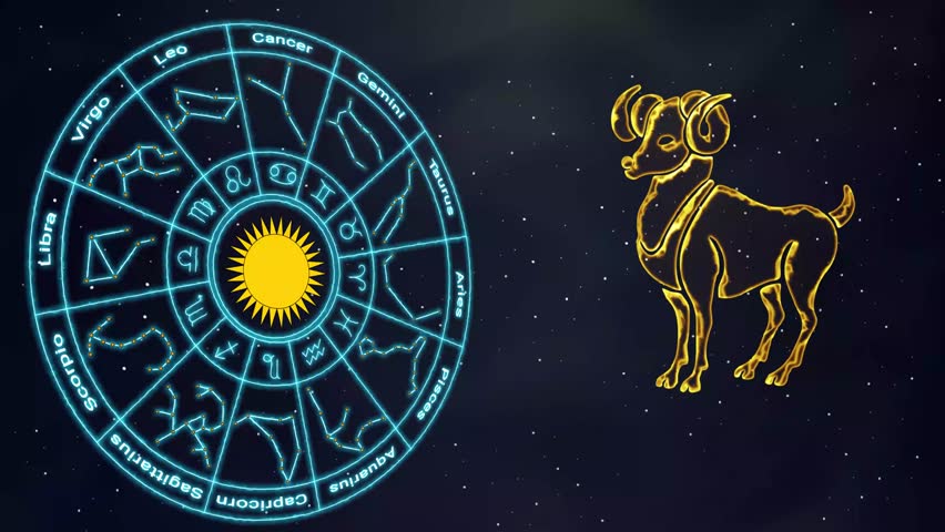 “Horoscope Calendar Wheel” is a 4K animation depicting a circular calendar with constellations and astrological signs that rotate smoothly in a looped format. 