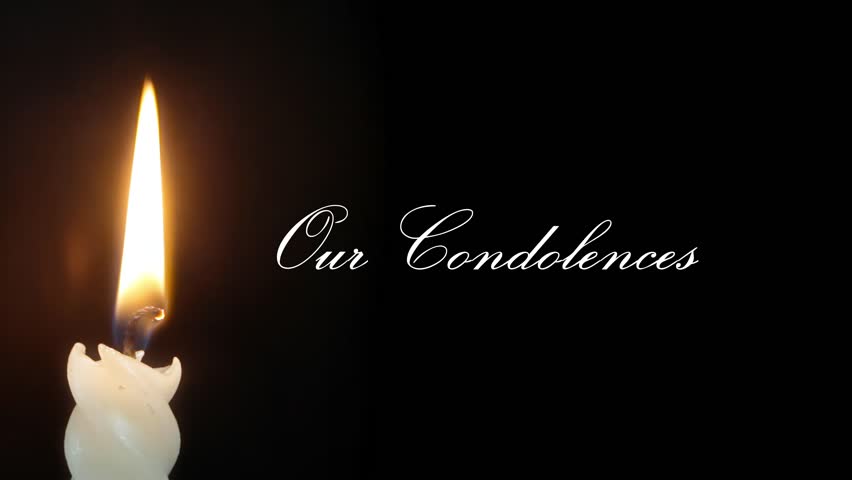 Fine Our Condolences calligraphy text appears, with a flickering candle casting warm light. Intimate and reverent memorial atmosphere. Graceful typography blends with gentle candlelight.
