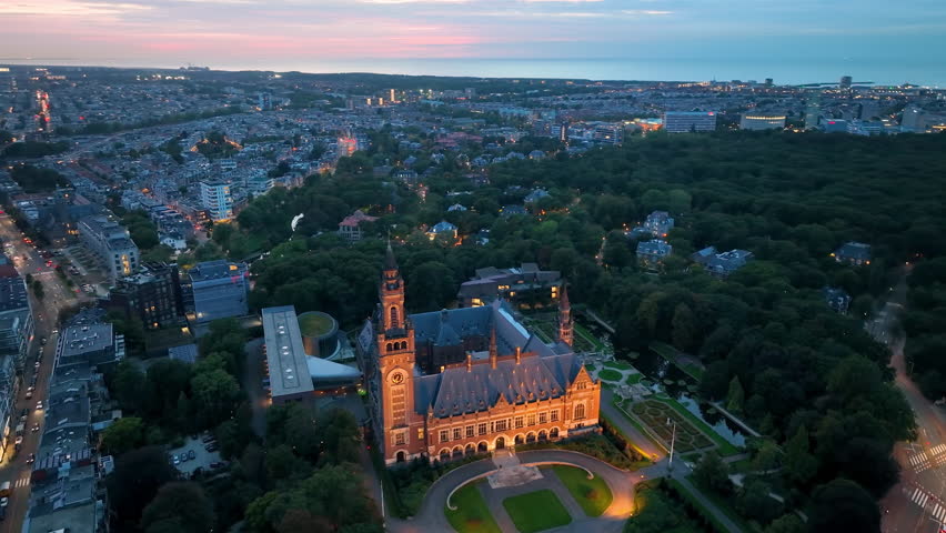 4k Aerial view of The Peace Palace (Vredespaleis) in The Hague , Netherlands. Europe