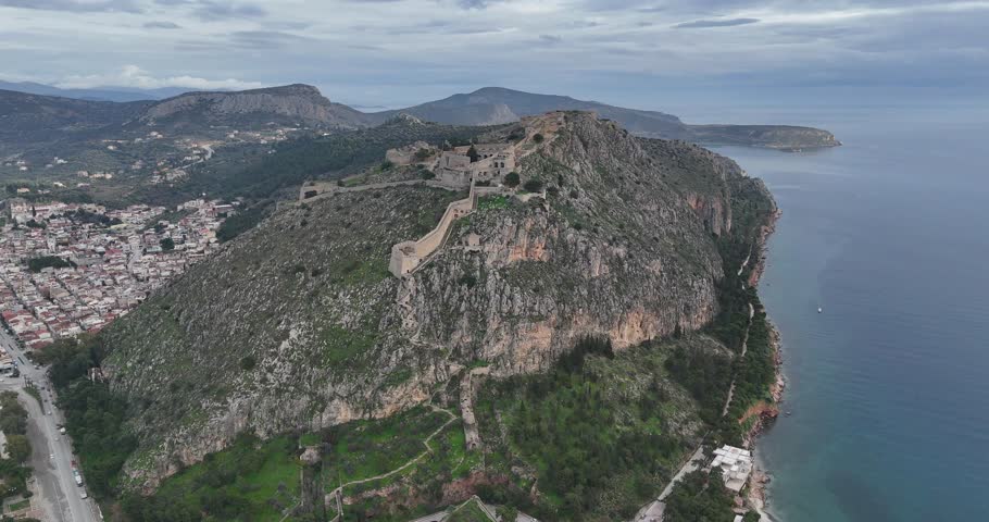 Palamidi fortress in Nafplio, Greece in a promenade seaside.