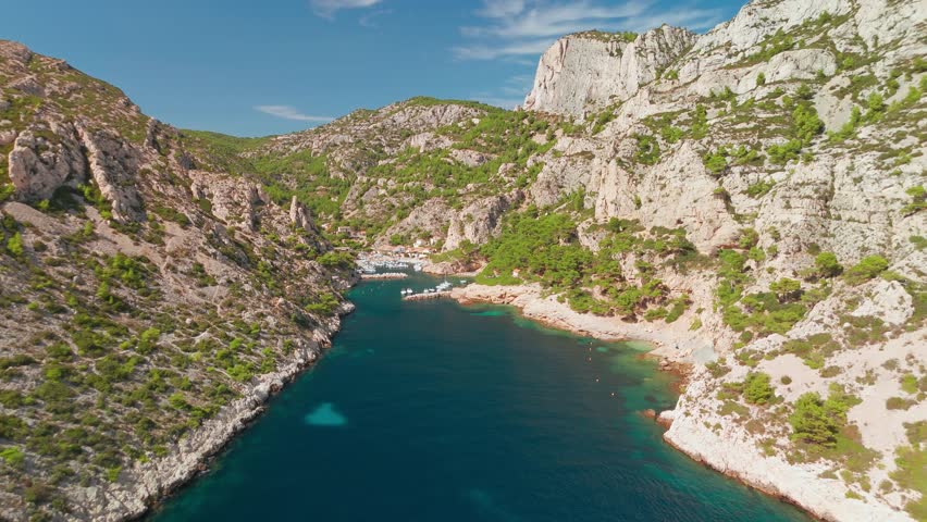 Aerial view of Calanque de Morgiou on the Mediterranean coast near Marseille, southern France. Part of Calanques National Park, this idyllic spot is a perfect summer travel destination
