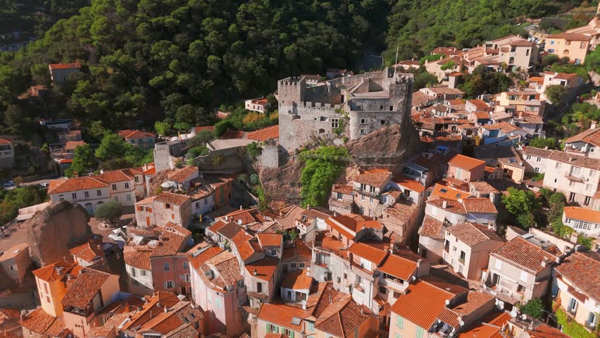 Aerial view of the picturesque medieval village of Roquebrune-Cap-Martin overlooking the Mediterranean Sea on the French Riviera. historic Chateau Medieval de Roquebrune castle in France