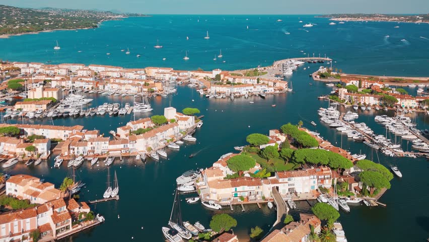 Aerial view of the Port Grimaud, Provence Alpes Cote d'Azur region in southeastern France. Beautiful marina in the French riviera. Colorful houses And boats in Port Grimaud